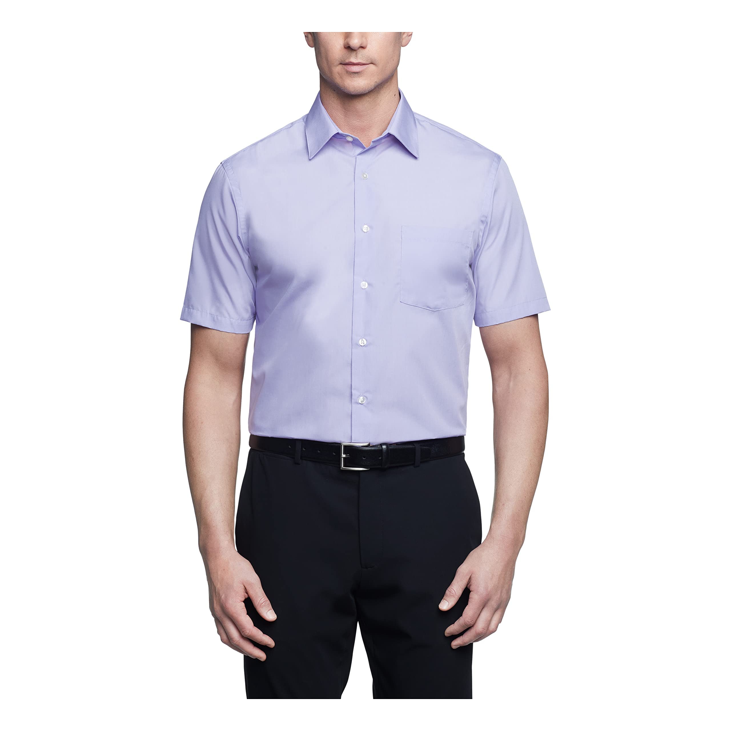 Van Heusen Men’s Short Sleeve Dress Shirt Regular Fit Poplin Solid, Lavender, 17.5″ Neck