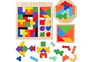 Wooderma 3 Pack Wooden Blocks Puzzles, 3-in-1 Russian Blocks, Octagon Puzzle, Tangrams Puzzles, Brain Teasers Toy Logic Game, Montessori STEM Educational Toys Present for Kids and Adults