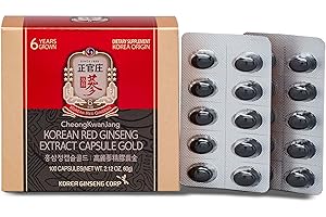 CheongKwanJang Korean Red Ginseng Extract Capsules Gold Panax Ginseng Root Powder Focus Pills for Men & Women, Natural Energy, Circulation, Immune, Brain Booster - 100 Capsules
