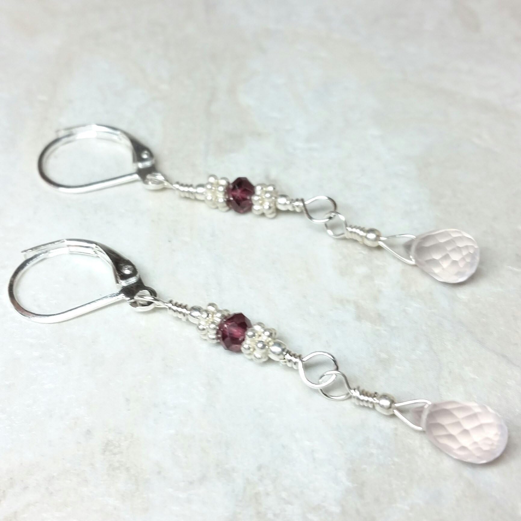Rose Quartz and Rhodolite Garnet Earrings, Sterling Silver
