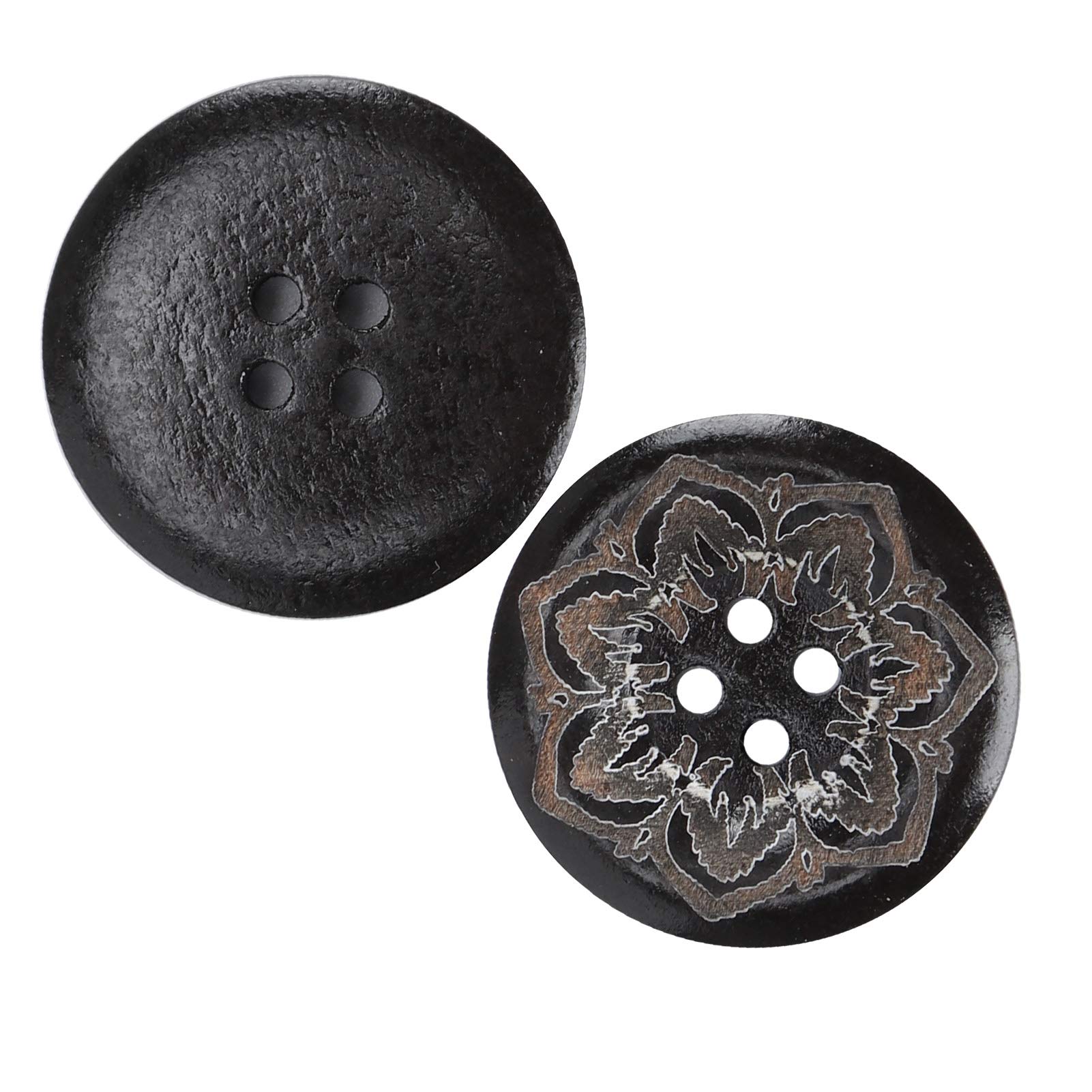Handmade Wooden Buttons for Sewing - 25mm (1 inch) Black Round 4-Hole Buttons with Carved Floral Design, Perfect for Coat, Jacket, Blazer, Cardigan and DIY Crafts (Pack of 50)