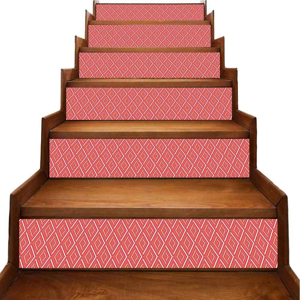 Stair Risers Stickers Removable Classic Diam Line Pattern Crosswise Work Coral and Cream Home Decorations Removable Self Adhesive Decor, W39.3 x H7 inch