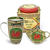 Royal Tara Welsh Red Dragon Set: Welsh Red Dragon Mug, Teabag Holder & 50 Teabags in Reusable Tin - Bone China & Tin - 13.5 oz - Adult, Home, Battle, Dishwasher Safe