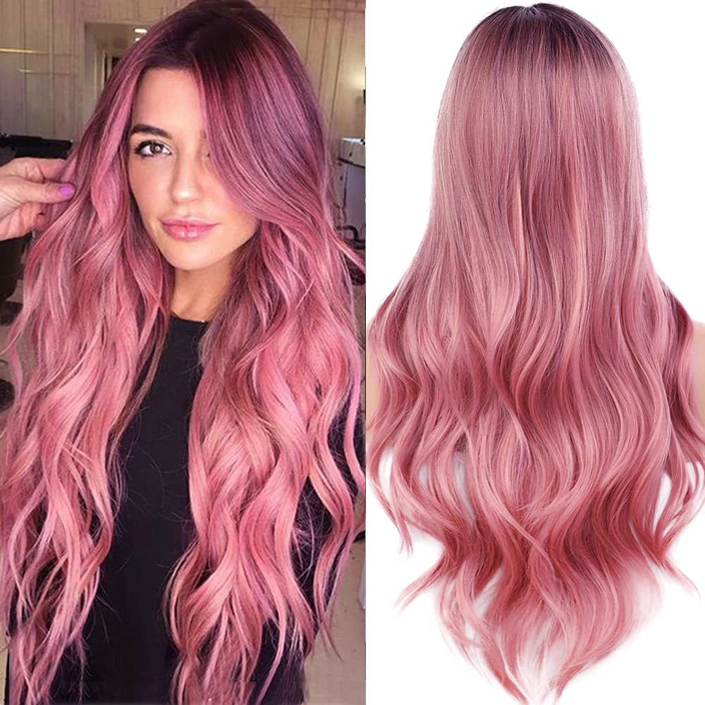 PORSMEER Wigs for Women Long Pink Pastel Wavy Curly Synthetic Hair Ombre Wig with Dark Roots Heat Resistant Natural Looking 24 inch for Daily Use or Cosplay Party