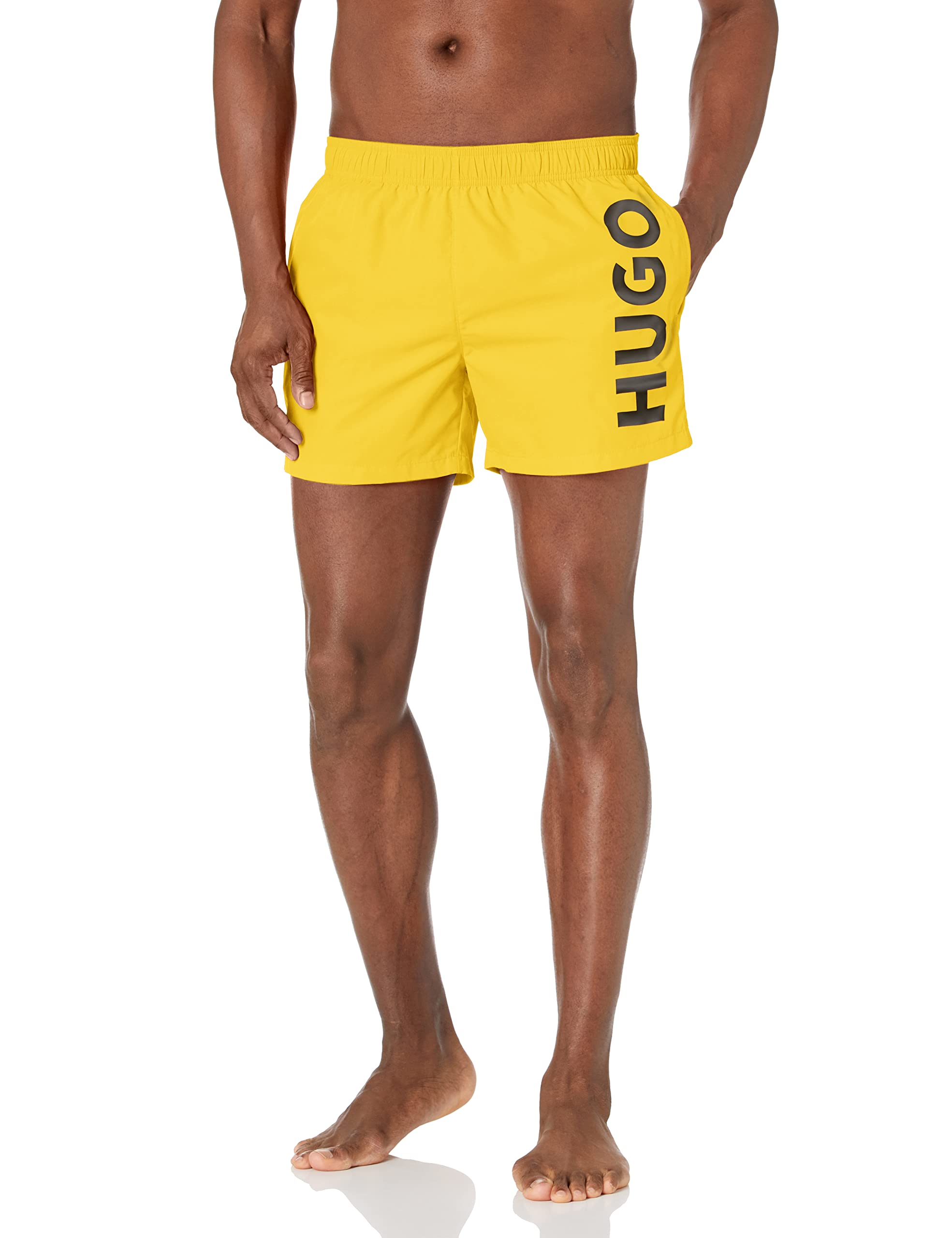 HUGO Mens Vertical Logo Swim Trunks, Pineapple Yellow/Solid Black, XX-Large US