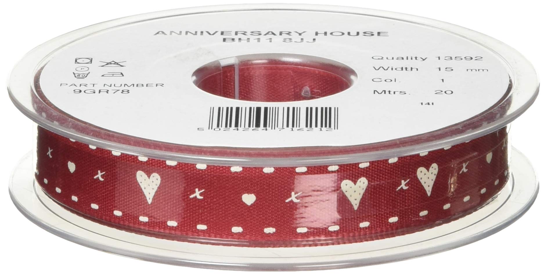 Anniversary House Red Hearts Christmas Cake Ribbon Reel - Valentine's Day, Anniversary, Wrapping & Baking Decoration Ribbon for Cakes, Jars, Bags & Tags - 20 Metres x 1.5cm Polyester