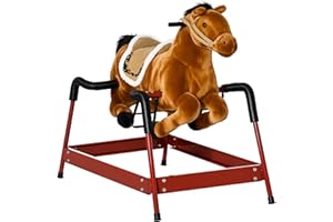 Qaba Kids Spring Rocking Horse, Ride on Horse for Girls and Boys with Animal Sounds, Plush Horse Ride-on with Soft Feel, Interactive Toy for Kids, Light Brown