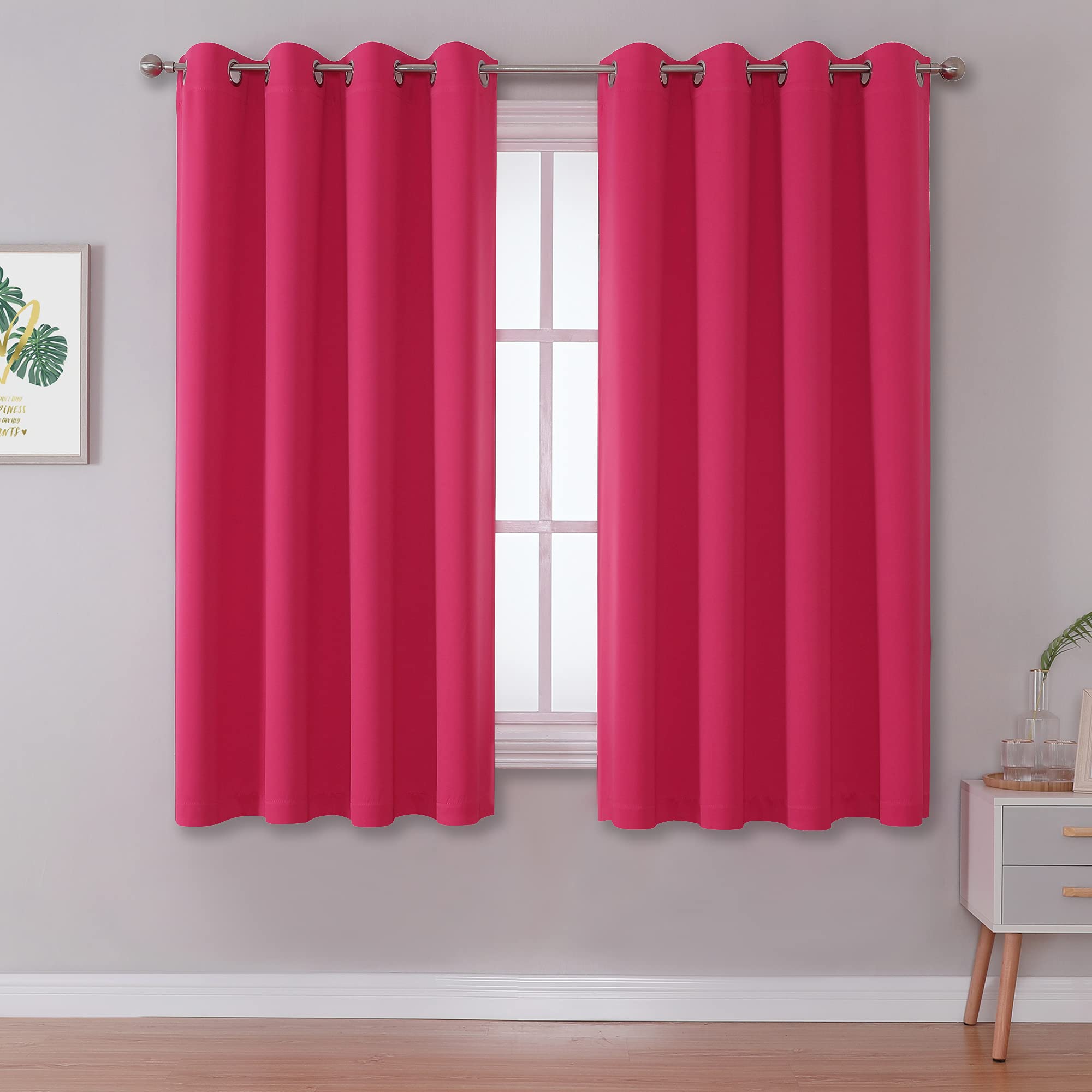 DUALIFE Solid Blackout Curtain Panels for Living Room 45 Inch Length Hot Pink Thermal Insulated Room Darkening Curtains Grommet Top 52''x45'' Raspberry Sorbet