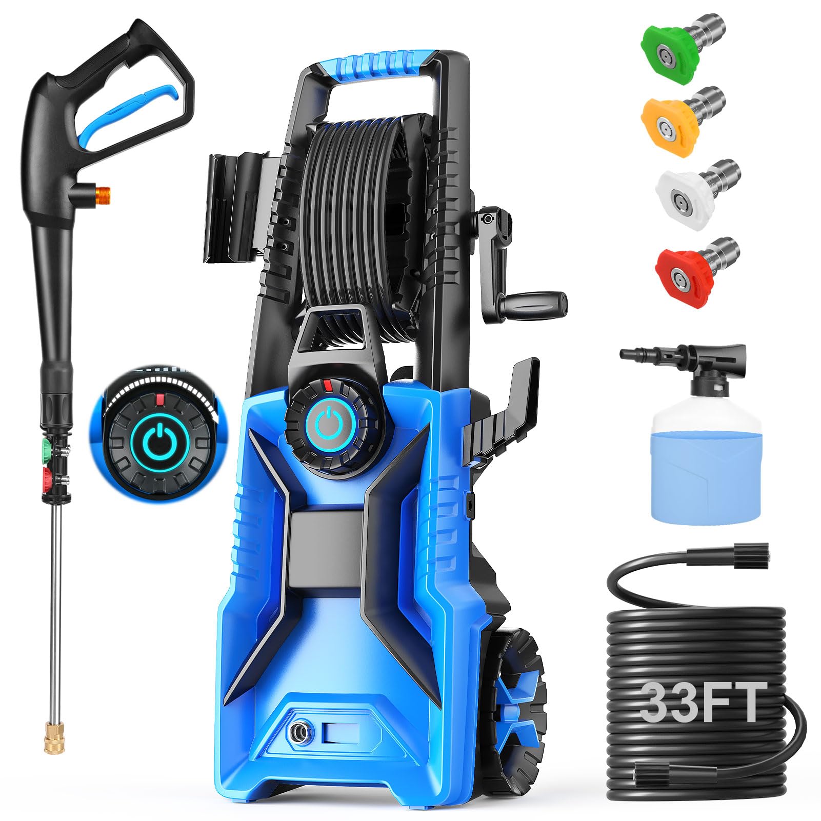 Photo 1 of **POSSIBLY FOR PARTS ONLY/MISSING ASSEMBLY PIECES*** Pressure Cleaner High Power Cleaner with 33ft Pressure Hose Reel, 4 Nozzles and 500ml Foam Cannon for Cars/Fences/Driveways/Patios/Home Cleaning (Blue)