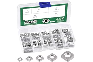 Keadic 90Pcs 304 Stainless Steel Square Nuts Assortment Kit, M3x5.5mmx2mm, M4x7mmx2mm, M5x8mmx3mm, M6x10mmx3mm, M8x13mmx4mm Coarse Thread Nut for Furniture, Electrical Appliances