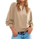 Saodimallsu Womens Button Crew Neck Sweater Fall Long Sleeve Henley Shirts Trendy Loose Knit Pullover Tops