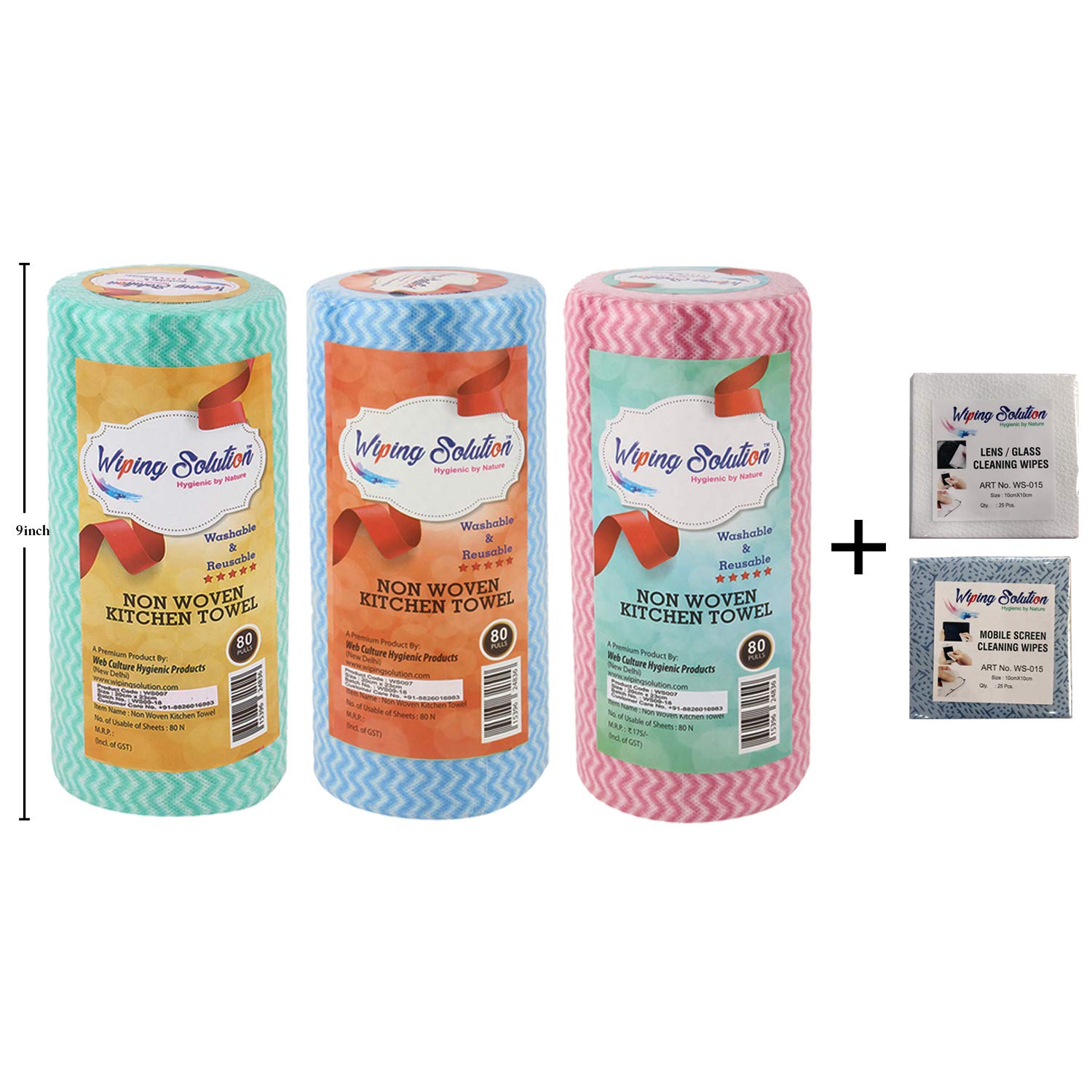WIPING SOLUTION NonWoven Reusable & Washable Kitchen Wipes 3 Rolls