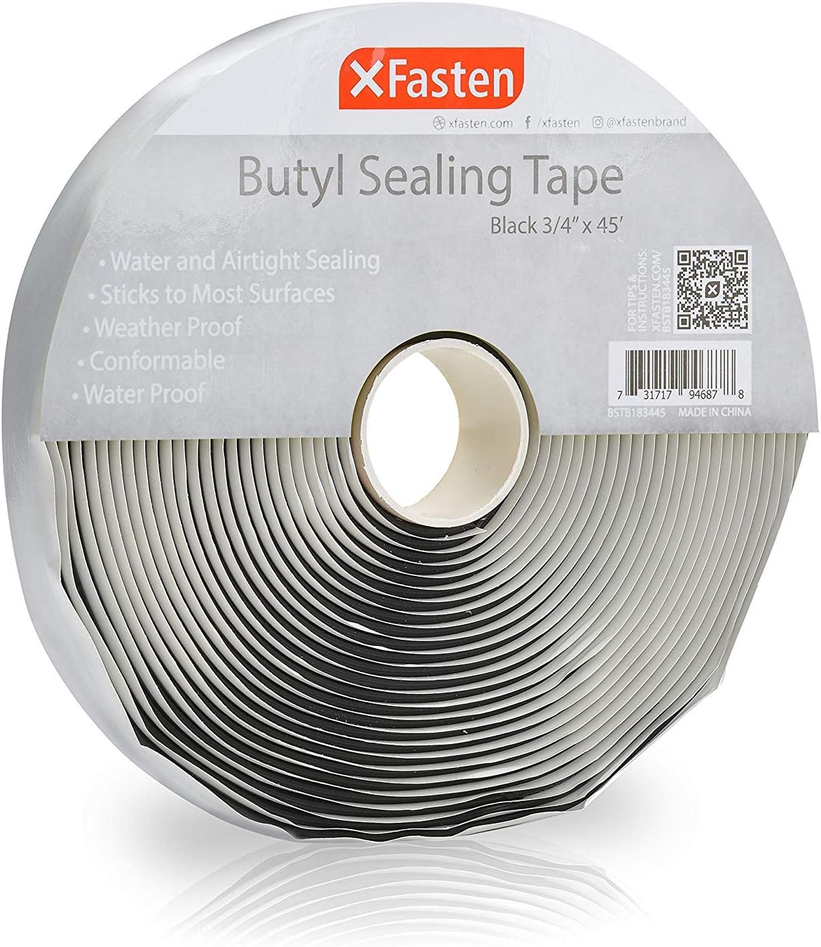 XFasten Black Butyl Seal Tape, 3/4 Inch x 45 Feet, 1/8 Inch Thick, Leak
