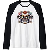 Three Sugar Skull With Sunglasses Mexican Cinco De Mayo Raglan Baseball Tee