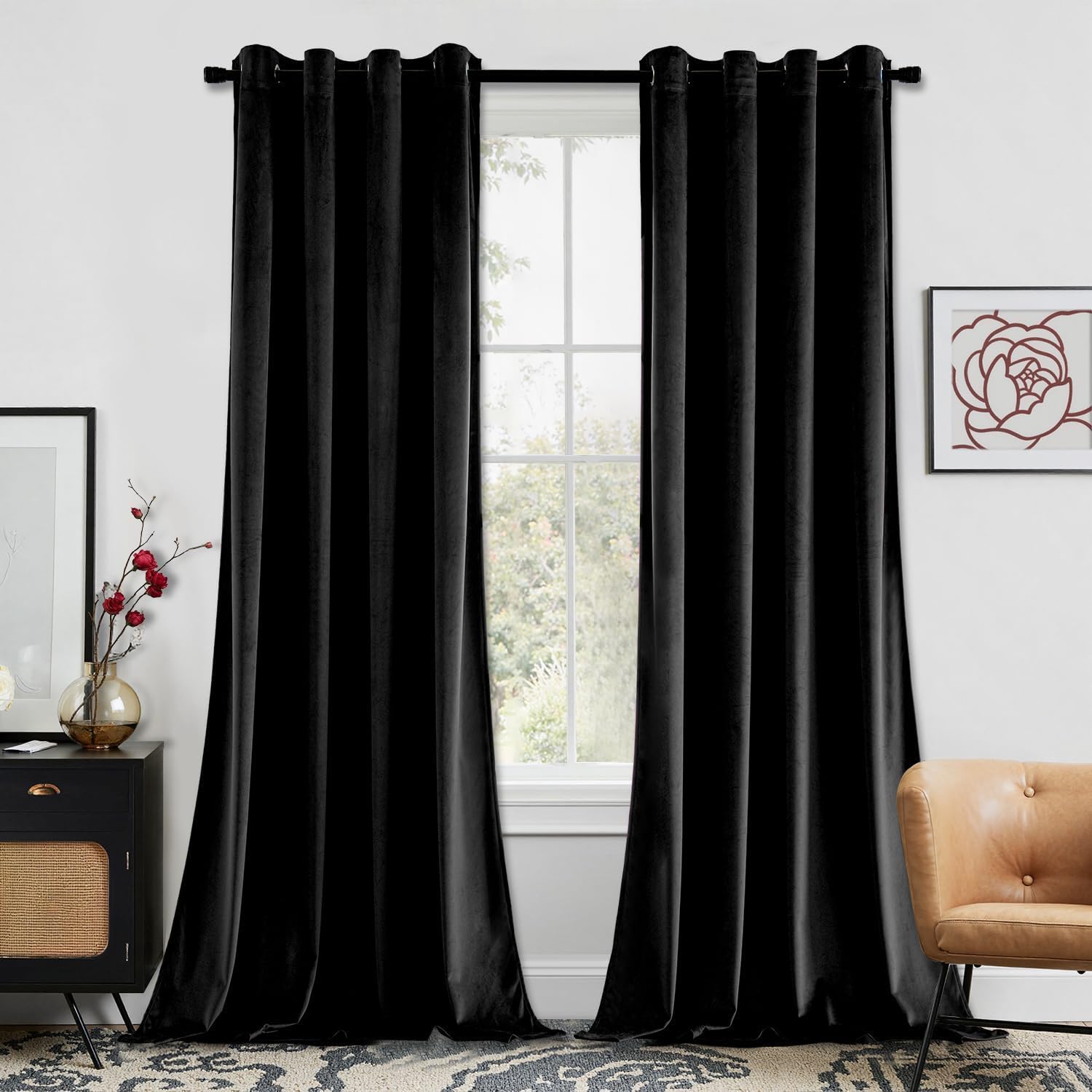 MIULEE Black Velvet Curtains for Bedroom 2 Panel Set 90 Inch Drop Curtains, Soft Elegent Home Decor Velvet Curtain Living Room, Sun Blocking Room Darkening Thermal Eyelet Curtain 46x90 Inch