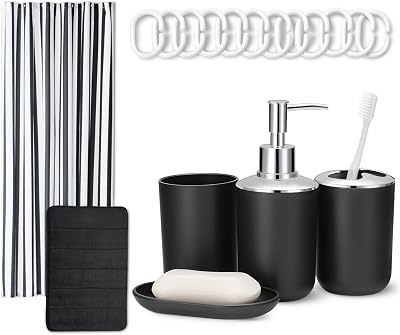 Set de Accesorios de Baño: Cortina de Ducha con Ganchos, Alfombrilla de Baño Memory Foam, Dispensador de Jabón, Jabonera, Portacepillos & Vaso, Negro