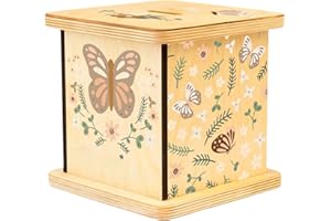 MotiveTech Wooden Piggy Bank Square Money Bank Organizer Money Saving Box for Living Room Boys Girls, Butterfly