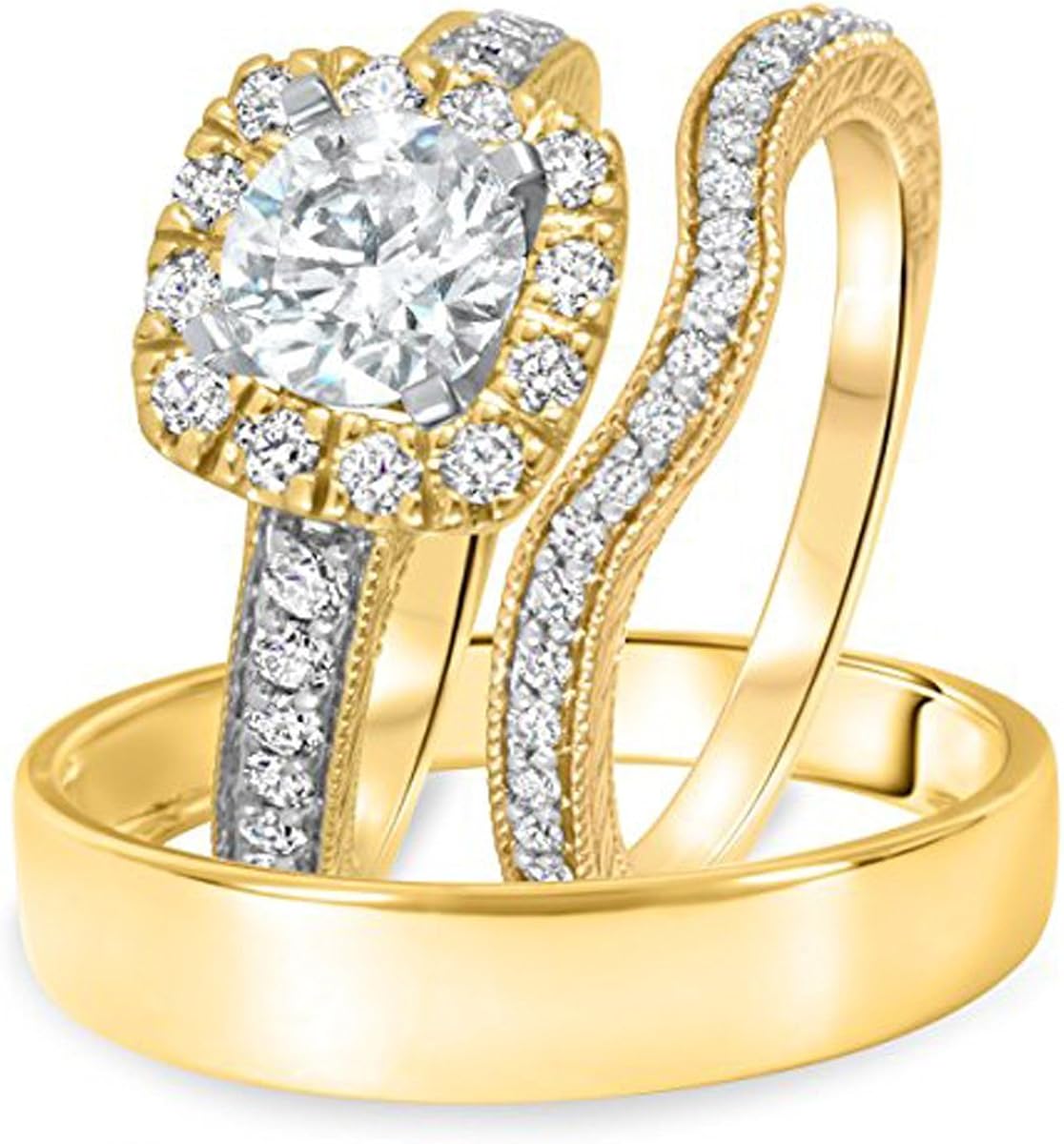 1.15 Ct Highest Quality Cubic Zirconia Trio Set Ring 14K Yellow Gold Over Milligrain Engagement