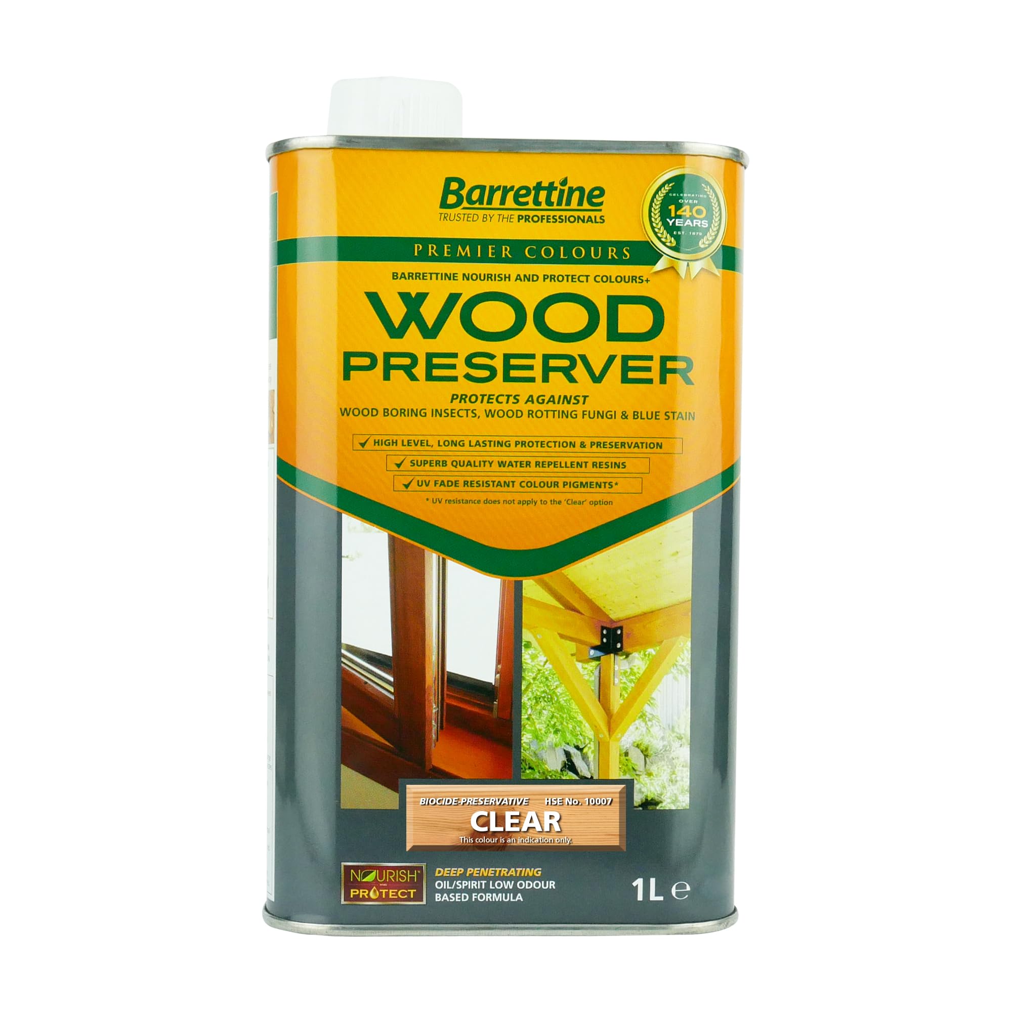 Barrettine Wood Preserver (Clear, 1L) - UV Fade Resistant, Durable & Water Repellent Premier Wood Preserver, Deep Penetrating, Low Odour & Oil Based, Suitable for Outdoor & Indoor Use