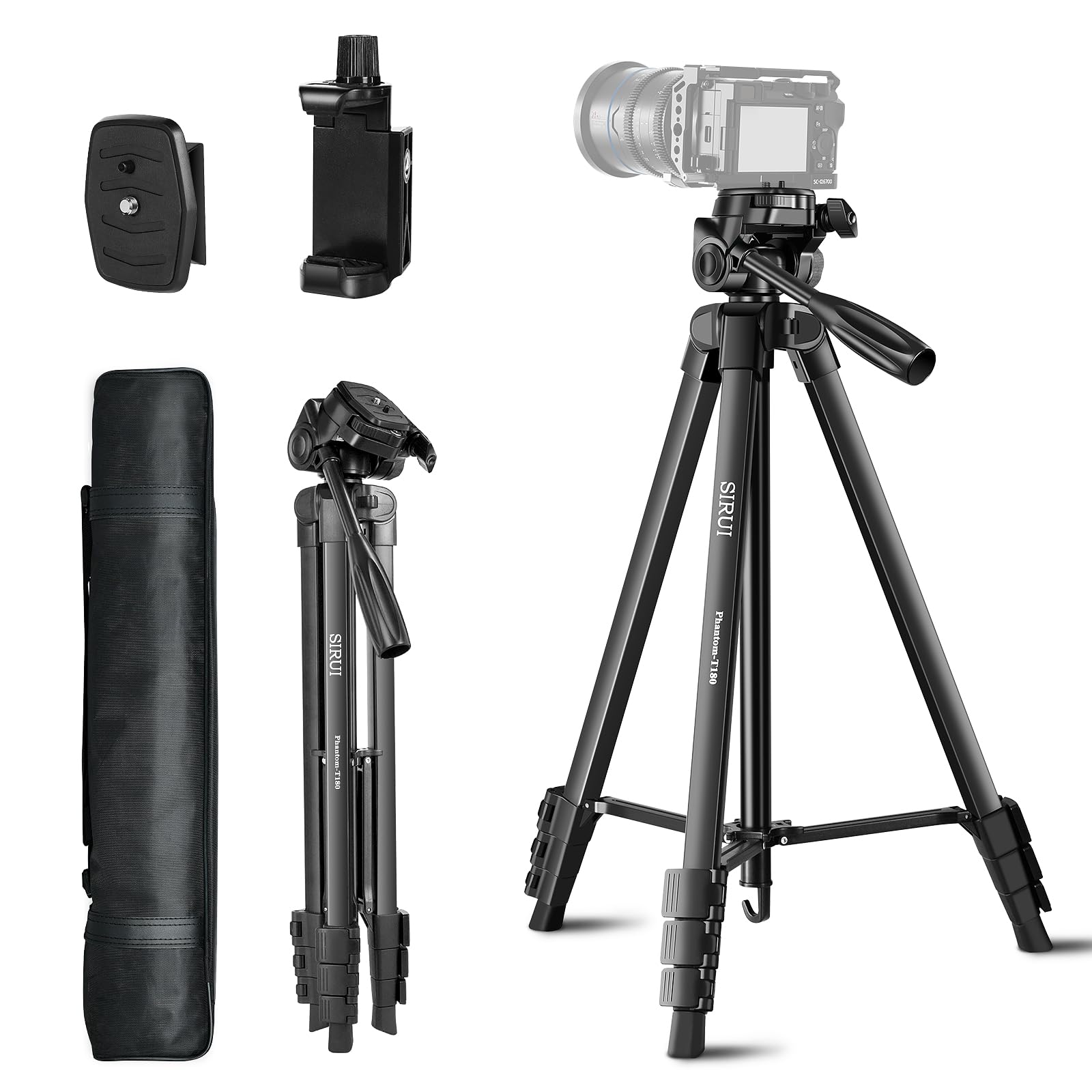 SIRUI 70" Tall Camera Tripod Stand with Phone Holder, Travel Bag, DSLR, Laser Level, Camcorder, Spotting Scopes, Outdoor Shooting