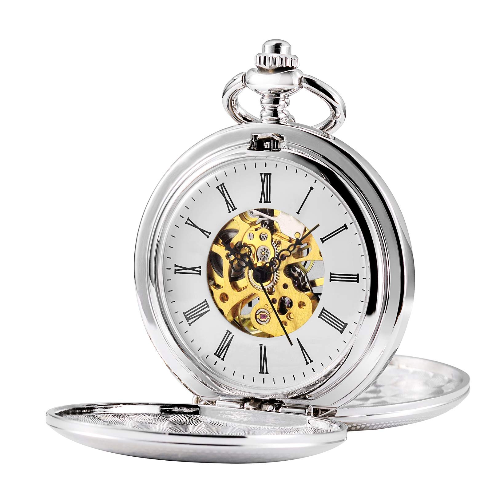 TREEWETO Mens Double Open Case Skeleton Pocket Watch Mechanical Hand Wind Full Hunter Golden Movement Fob Watches