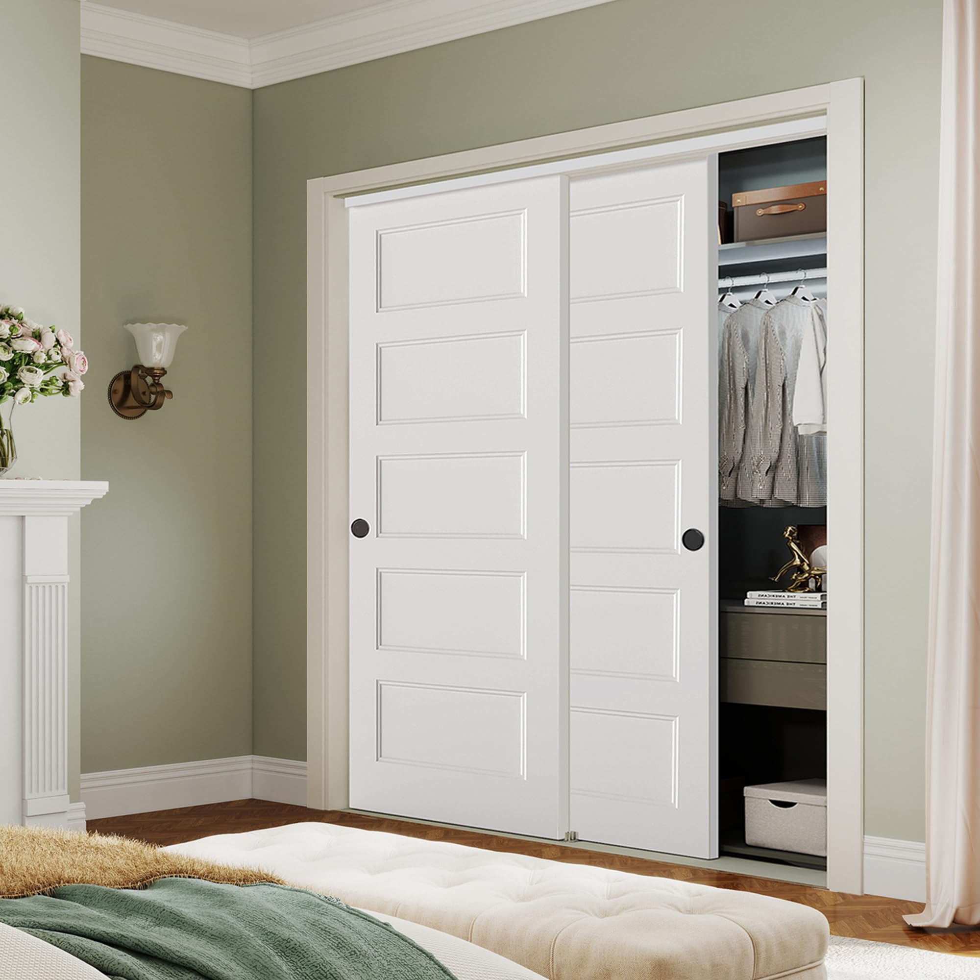 Photo 1 of **HOLE DAMAGE. SCRATCHES**BARNSMITH 72x80 in 5-Panel Bypass Sliding Closet Door, White Primed Door Slab with Bypass Closet Track Hardware Kits, Paintable and Lightweight