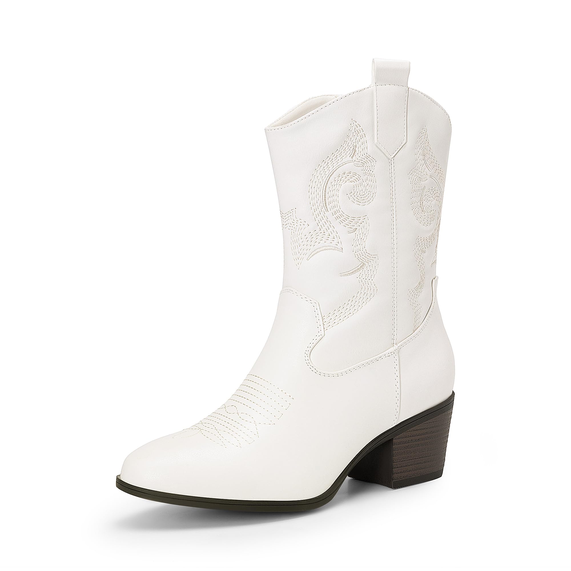DREAM PAIRS Cowboy Boots for Women, Mid Calf Cowgirl Boots with Embroidery Round Toe Western Chunky Low Heel Shoes,Size 9.5,White,DWUMMB2505 Image