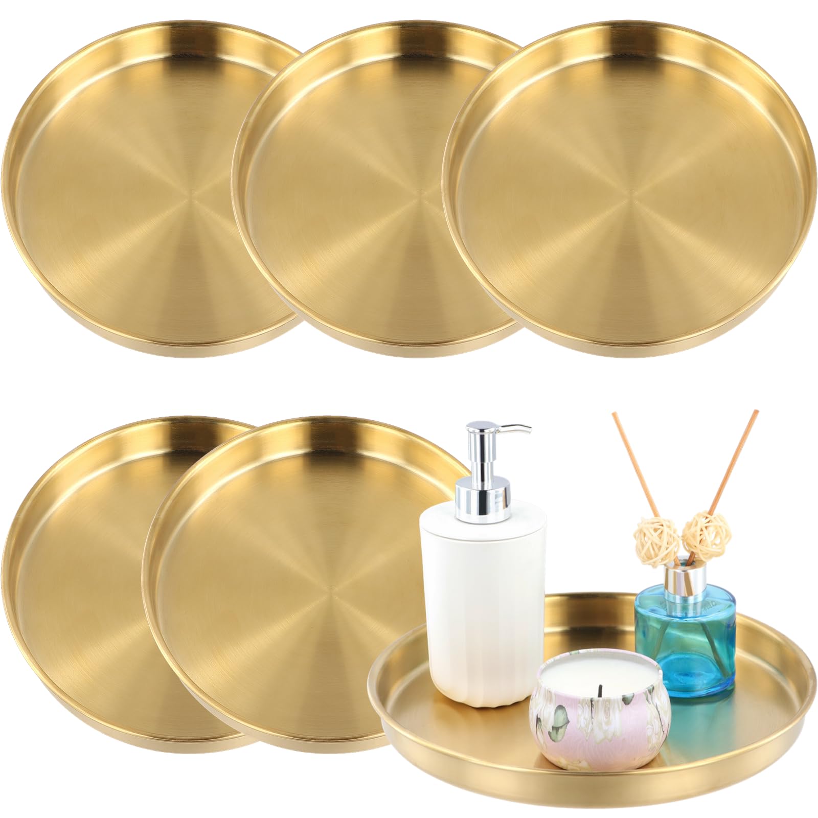 Photo 1 of 6 PCS Gold Tray Serving Platter, 9.8 Inches Round Gold Decorative Trays, Stainless Steel Coffee Table Tray, Vanity Jewelry Makeup Organizer, Countertop Tray for Bathrooms, Cafes, Restaurants