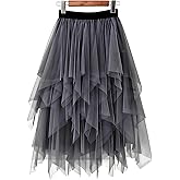 LBKKC Tulle Skirts for Women, Puffy Skirt Asymmetrical Midi Length Ruffled Tutu Layered Mesh Fairy Skirt