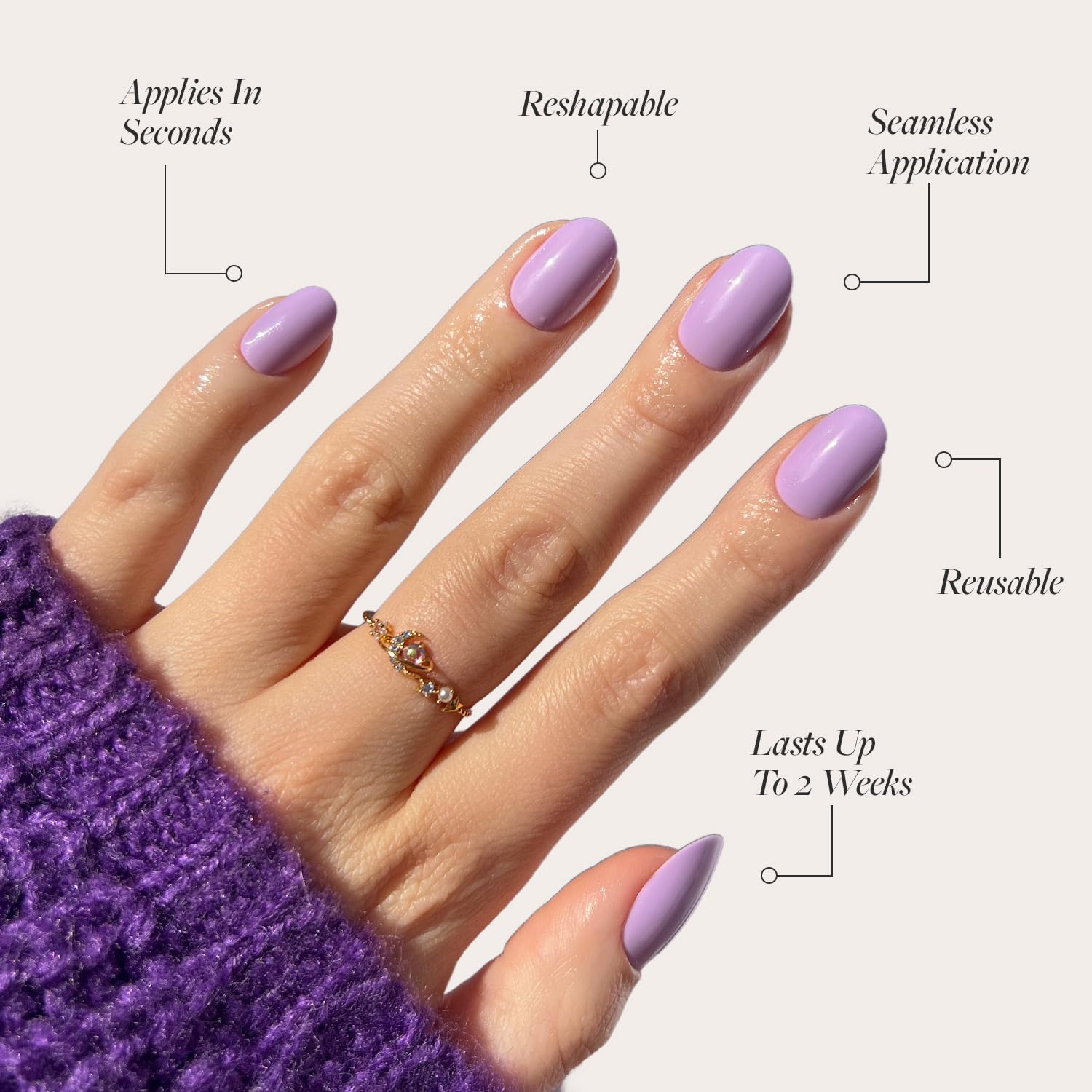 Glamnetic Press On Nails - Lilac | Solid Opaque Light Pastel Purple Round Nails, Reusable | 12 Sizes - 30 Nail Kit - Image 3