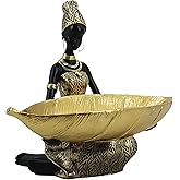 Dwelloria African Sitting Woman Leaf Bowl Statue – Tribal Resin Figurine for Candy Dish, Key Holder, Vanity Tray, African Decor Gift