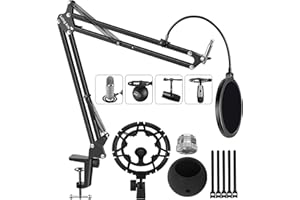 LULING ARTS Microphone Stand for Blue Yeti Snowball Quadcast Adjustable Boom Arm Scissor Mic Stand Desk Mount with Shock Mount, Windscreen and Double layered Pop Filter Mic Holder Cable for Broadcasting Game