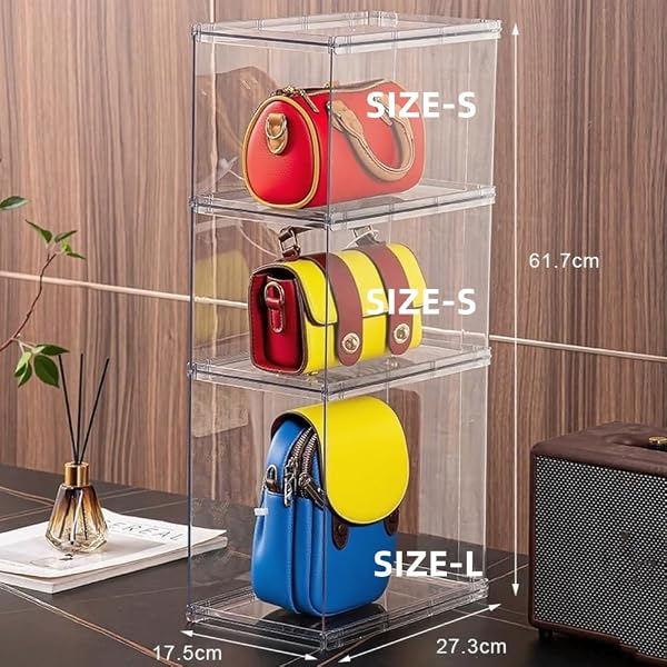 3PACK PURSE ORGANIZER FOR CLOSET,CLEAR ACRYLIC DISPLAY CASE FOR HANDBAG ORGANIZER, PURSE STORAGE BOX, PLASTIC STORAGE BINS FOR BOOK, COLLECTIBLES, COSMETIC (3PC-S)