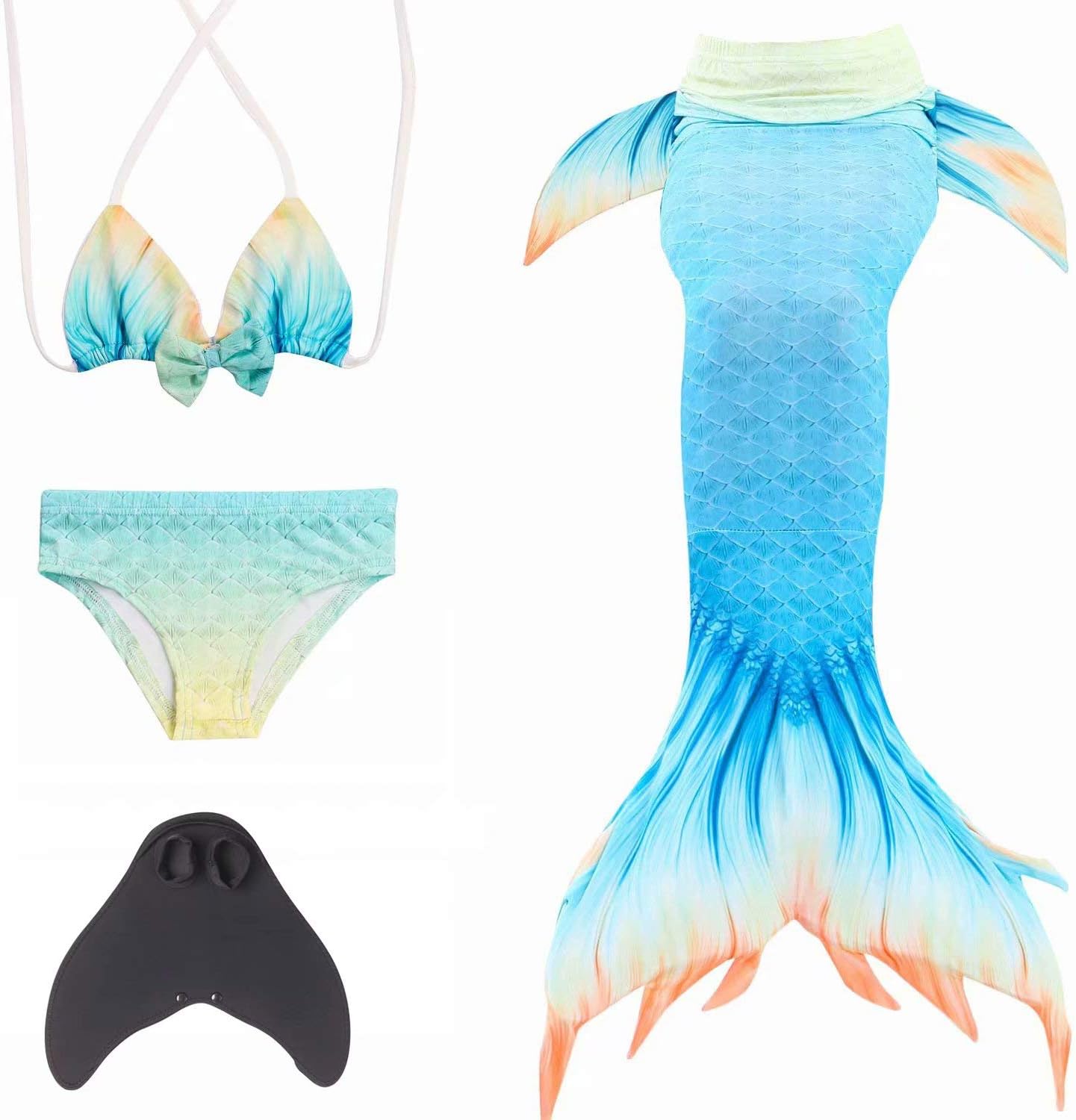 Girl's Mermaid Tails Swimmable Swimwear Sets with Monofin 4pcs Princess Swimsuit Costume for Girls 2-12 Years, 02