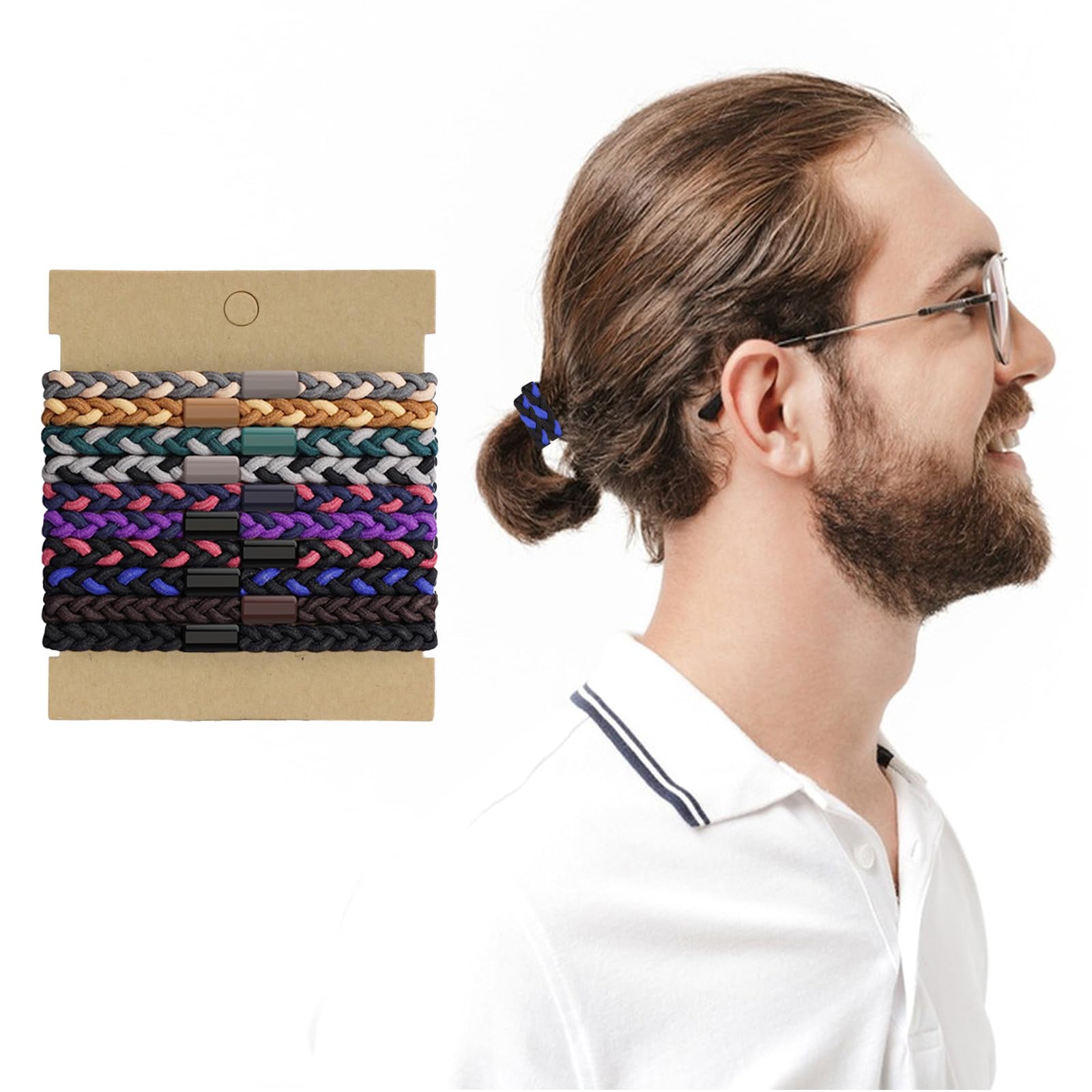 Hair Ties For Men, 10 Pcs Braided Elastic Mens Hair Bands No Damage Crease Breakage Hair Ties for Guys with Long Hair for Buns Curly Thick Dense Hair (Colorful)