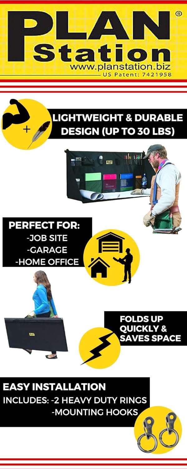 Plan Station Portable Standing Desk, Workbench, Work Station, Storage for Jobsite, Garage, Office, Shop, Hanging Work Surface, 20+ Pockets, Black (WS3800): Office Products