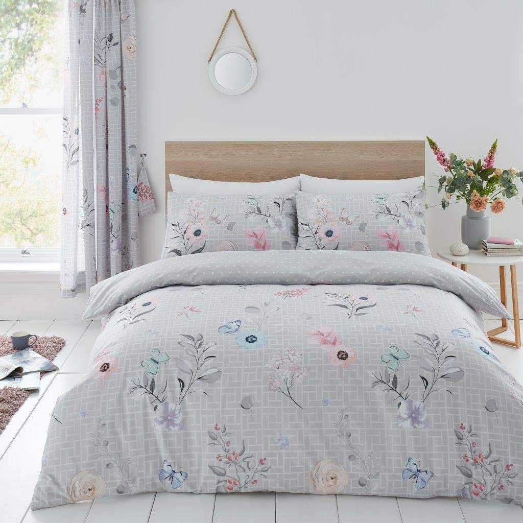 GC GAVENO CAVAILIA Luxury Geometric Duvet, Floral Quilt Set, Polycotton Bed Covers, Cecilia-Grey, Double