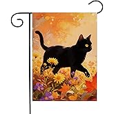 Fall Garden Flag 12.5 x 18 Inch Double Sided Black Cat Autumn Floral Yard Outdoor Decoration