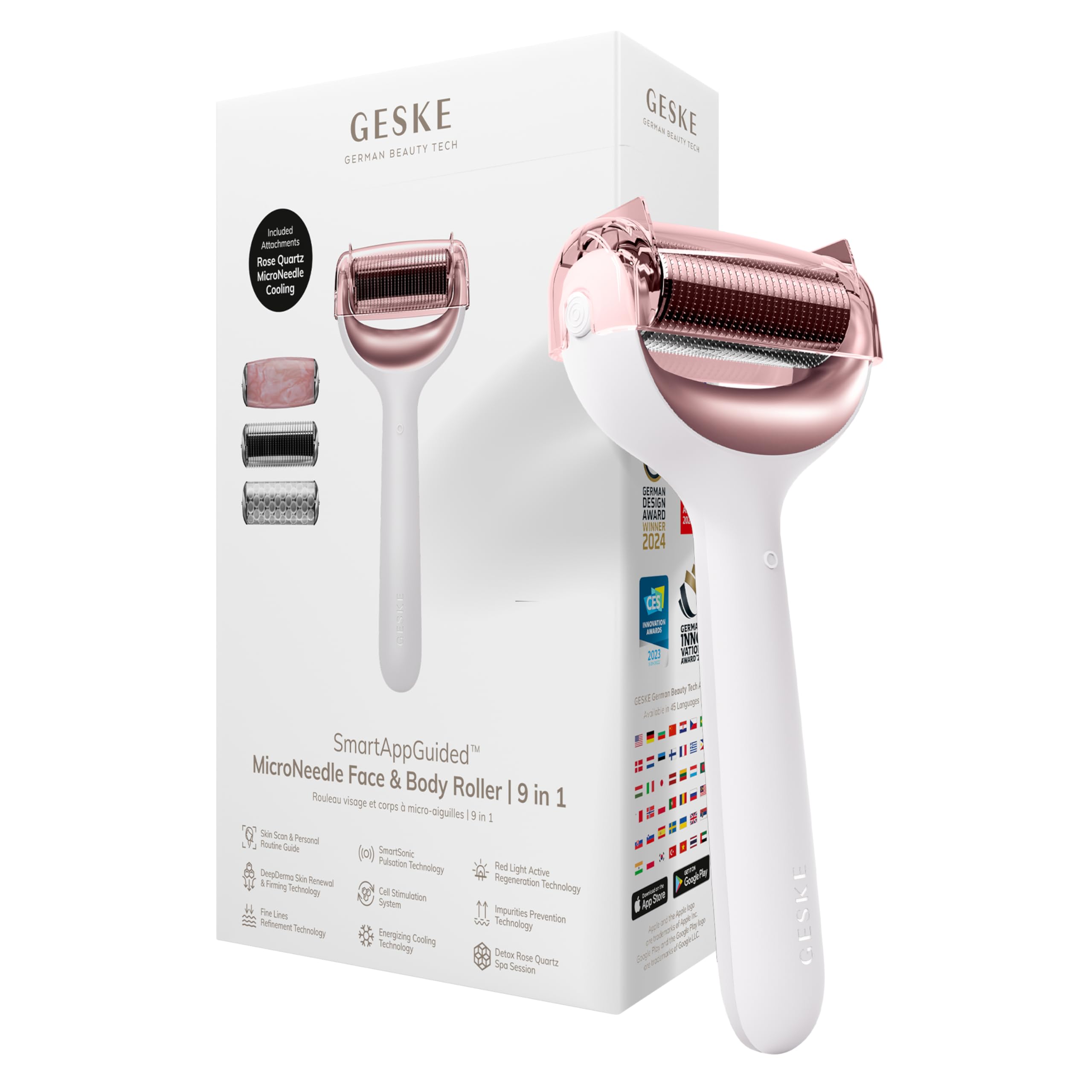 GESKE SmartAppGuided™ MicroNeedle Face & Body Roller | 9 in 1 | Derma Roller | Electric roller with rose quartz | Microneedling device | Needle roller | Beauty roller for face and body