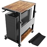 Computer Tower Stand Cart, Height Adjustable from 20 7/16" to 30 1/4" | 2-Tier CPU Cart with 4 Casters, Rolling Holder with Pegboard &amp; 2 Hooks, for Office Home Gaming, Black &amp; Wood