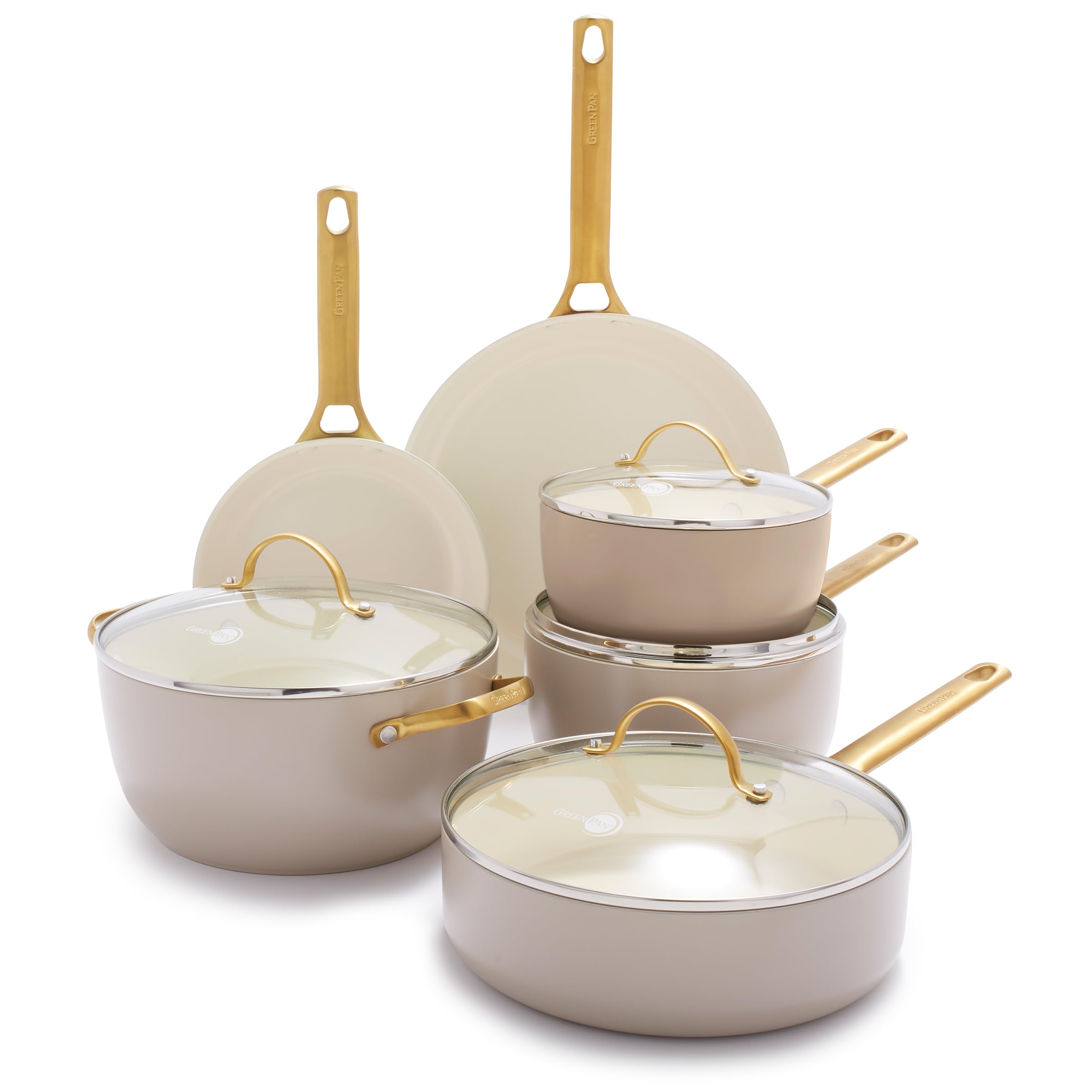 Photo 1 of GreenPan Reserve 10 Piece Cookware Set, Non-Toxic PFAS-Free Hard Anodized Healthy Ceramic Nonstick, Stainless Steel Gold Handle, Glass Lids, Dishwasher Safe, Oven & Broiler Safe, Taupe Brown