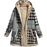 Akivide Womens Winter Button Up Patchwork Sherpa Fleece Lined Hooded Jacket Coat Linen Long Sleeve Warm Liner Pocket Coat