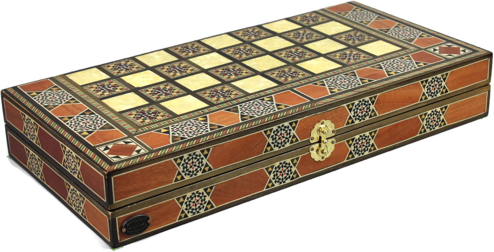 Chessgammon TRAVEL BACKGAMMON SET INCLUDING BOARD AND PIECES "HELENA" HANDMADE SOLID WALNUT WOOD INLAID MOSAIC INSET MOTHER OF PEARL INSET 20" VERTIGO- A1