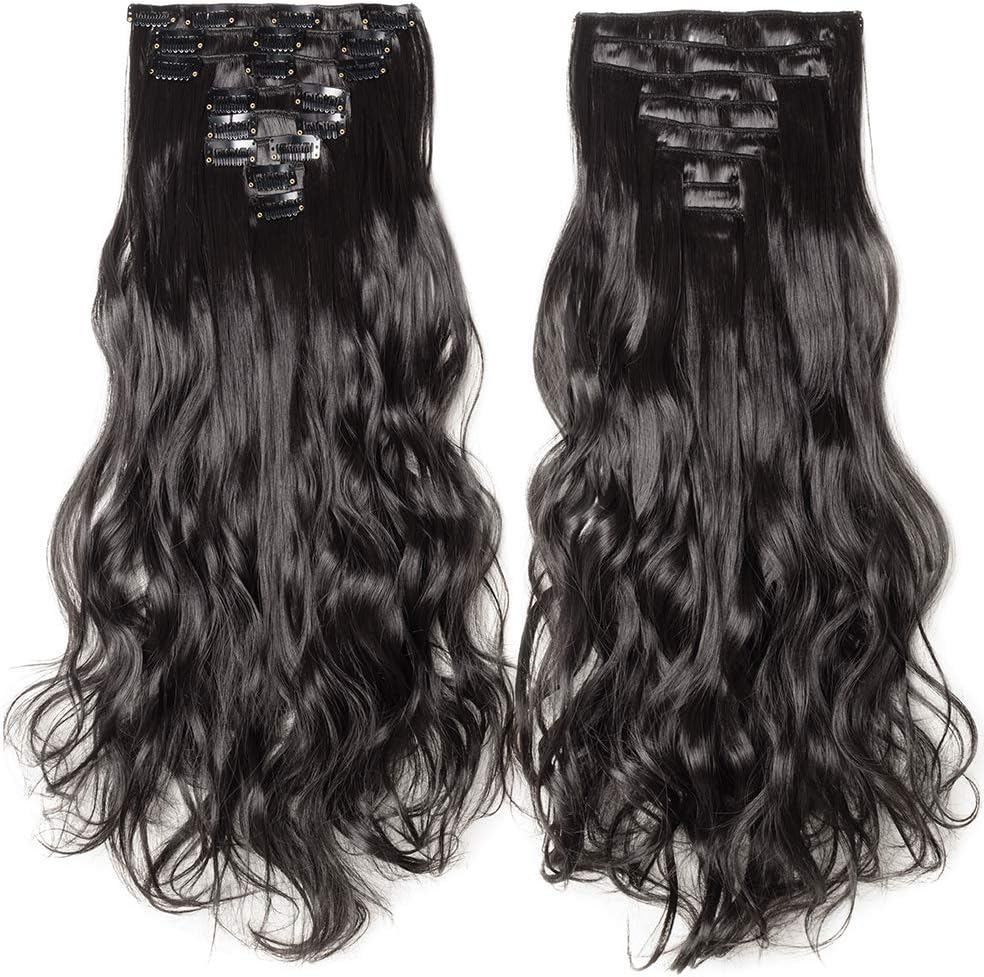 Clip in Hair Extensions 8 Piece 18 Clips 145G Thick Full Head Real Natural as Human Synthetic Fibre Hairpiece for Women Lady Girl Curly 17 inch natural black