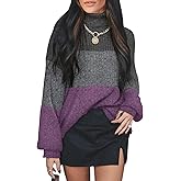 OFEEFAN Turtlenecks Tops for Women Oversized Sweaters Fall Outfits 2026 Plus Size Clothes Long Sleeve Shirts Color Block
