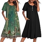 Ekouaer 2 Pack House Dresses for Women with Pockets Short Sleeve Moomoo Nightgown Plus Size Mumu Dress Floral Lounge Dress Floral Green/Black XL