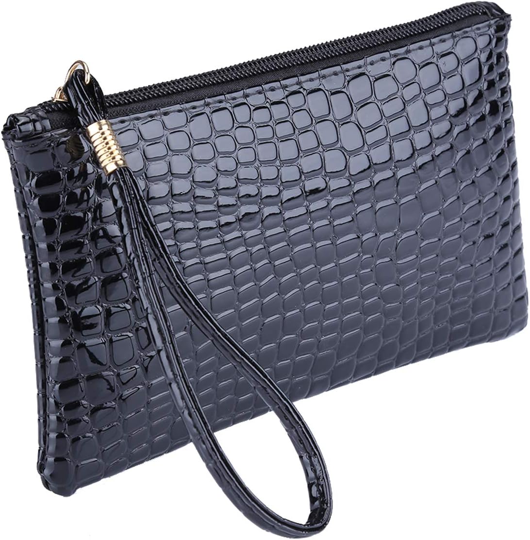 Clutch Purse,Wristlet Clutch for Women PU Leather Handbag Wallet with Key Ring and Credit Card Travel Kids Coin Cell Phone Purse (A Black)