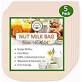 5 Pack Nut Milk Bag 14"x14", Cheesecloth bags for Straining Reusable, 100% Unbleached Cotton Cloth, Almond/Oat/Soy Milk Strai