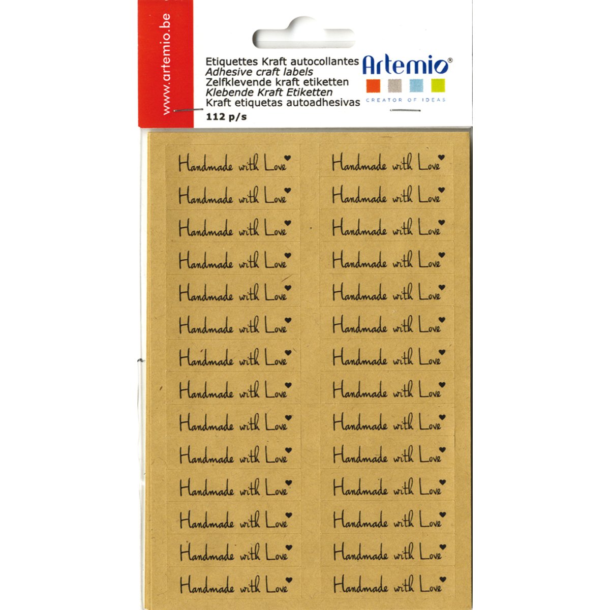 Artemio 112 -Piece Adhesive Kraft Labels Handmade with Love, Brown