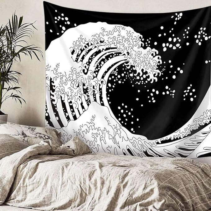 RUIFUU Black and White Tapestry Japanese Ocean Wave
